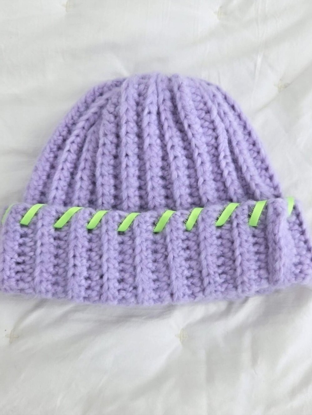 Lilac Hanade Crochet Beanie with Neon Green Accent